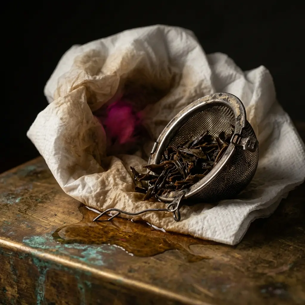 Opened and emptied. Left on the cloth. One petal stayed.