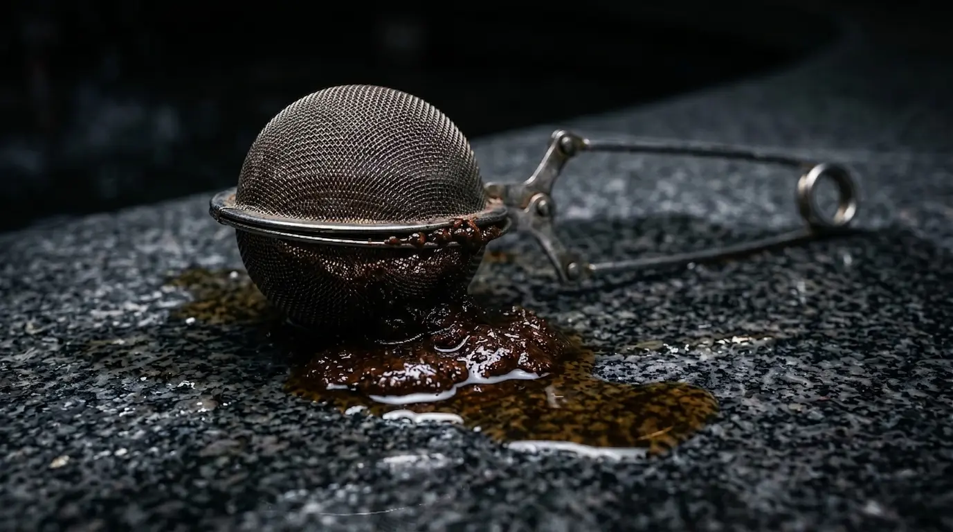 Ball laid open. Dark granite underneath. Still dripping.