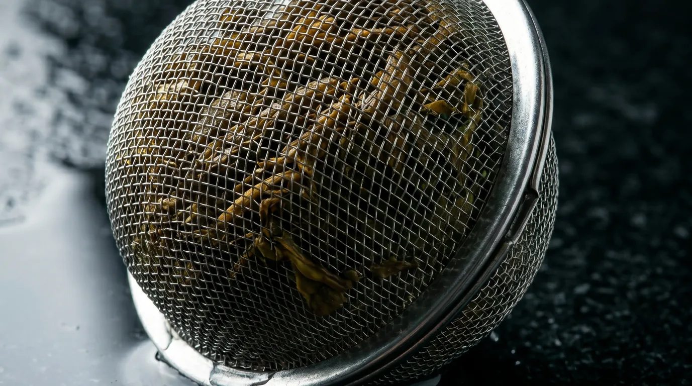 Mesh ball, leaves still green inside. Slate wet underneath.
