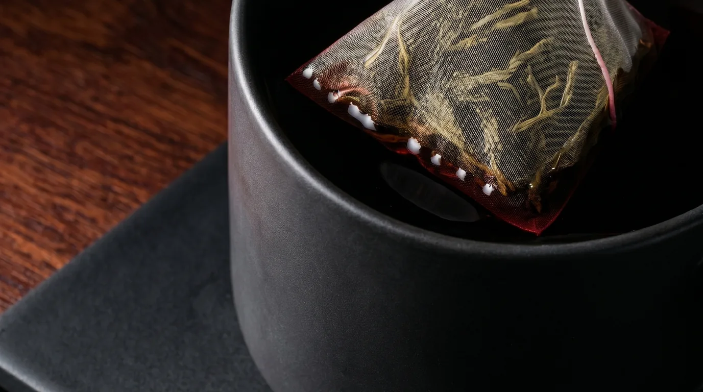 Rolled tight. Sitting on dark wood. Crimson at the seam.