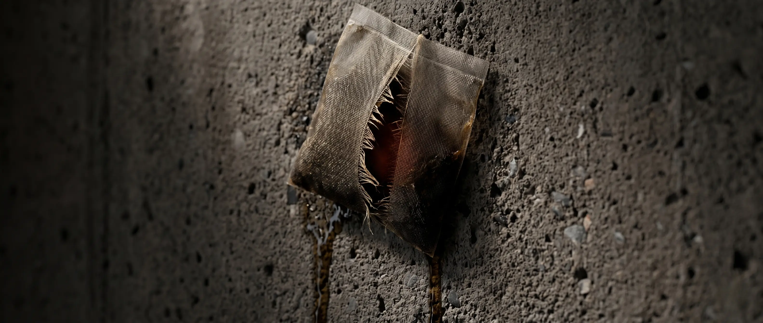 Torn through. Fixed to concrete. Still dripping.