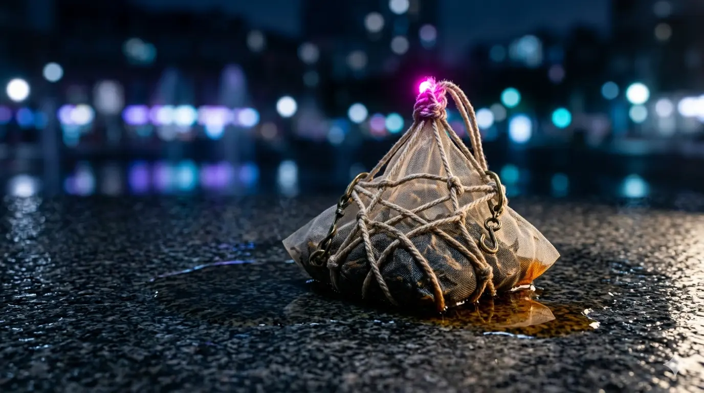 Left on wet pavement. Still tied. City lights behind.