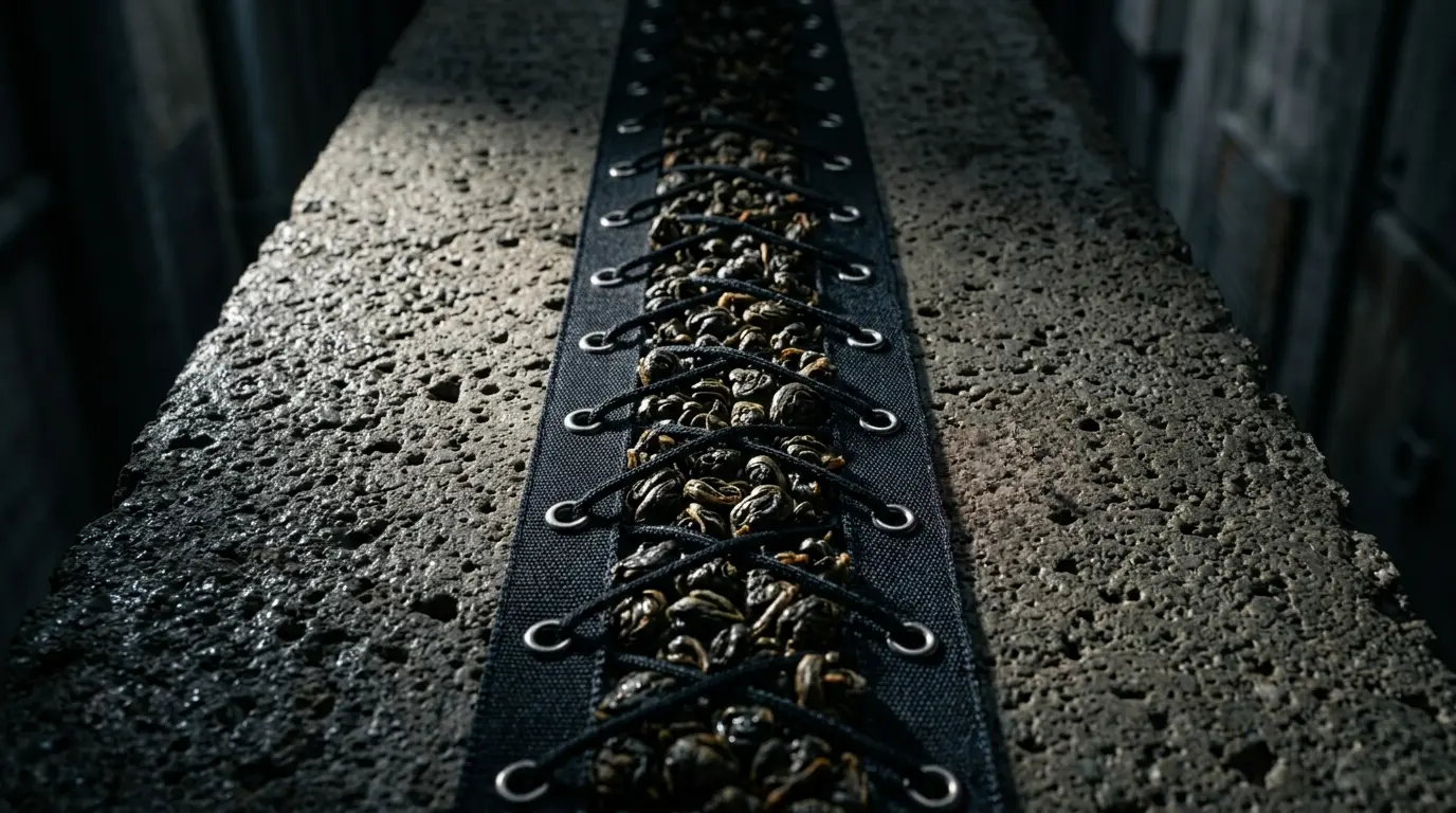 Laced through every grommet. Leaves pressed through. Held.