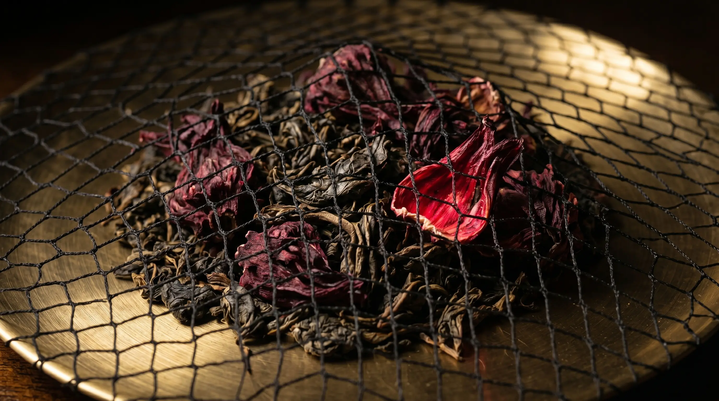 Hibiscus and leaf under black mesh. Held flat.