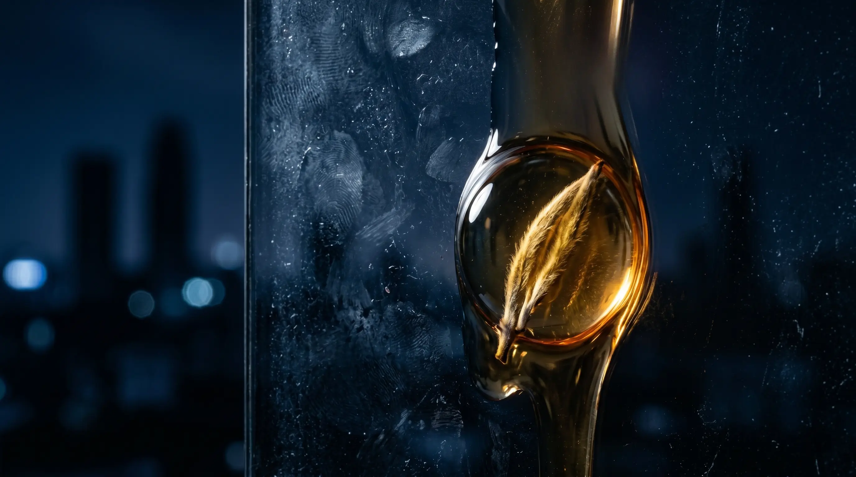 One leaf. Amber around it. Cold glass on the other side.