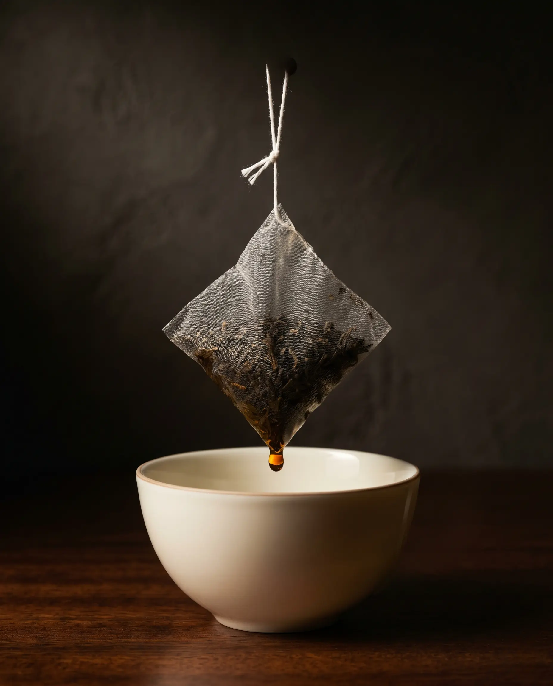 Held above the bowl. The string doing all the work.