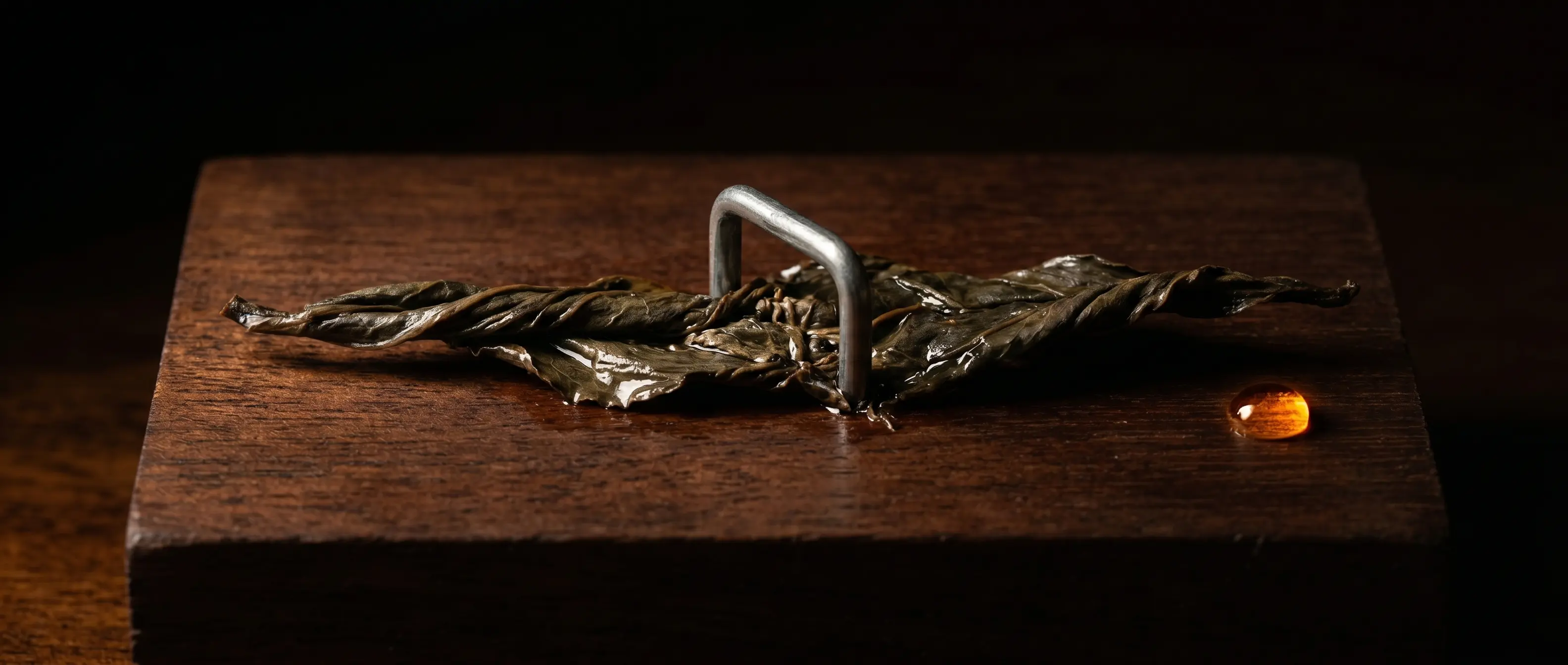 One staple through the leaf. One amber drop to the right.
